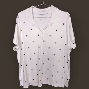 Lands End Womens Polo Sz 3X White Bee Print Collared Short Sleeve Shirt Classic
